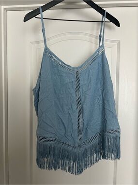 Idyllwind Light Blue Crochet-Trim Fringe Camisole